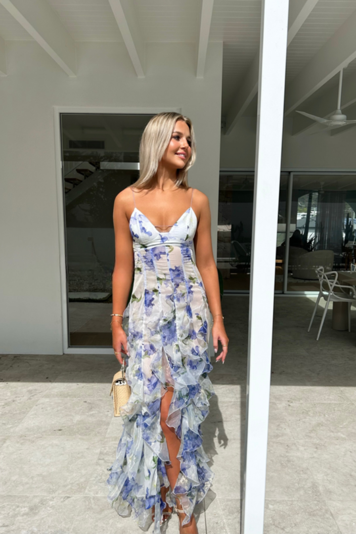 Women's Chiffon Maxi Dress with Flower Pattern & Ruffles