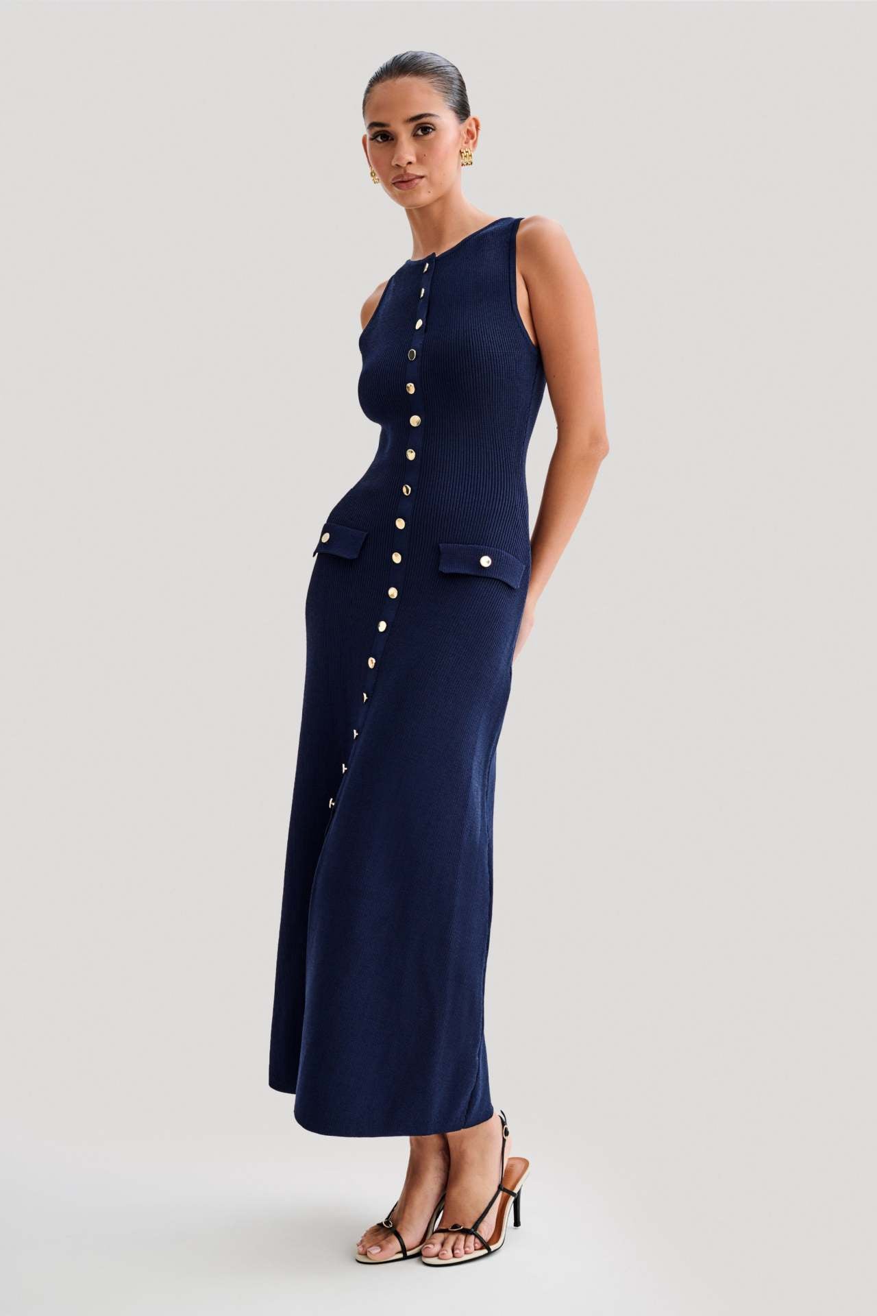 Women's Elegant Knit Midi Dress with Gold Buttons