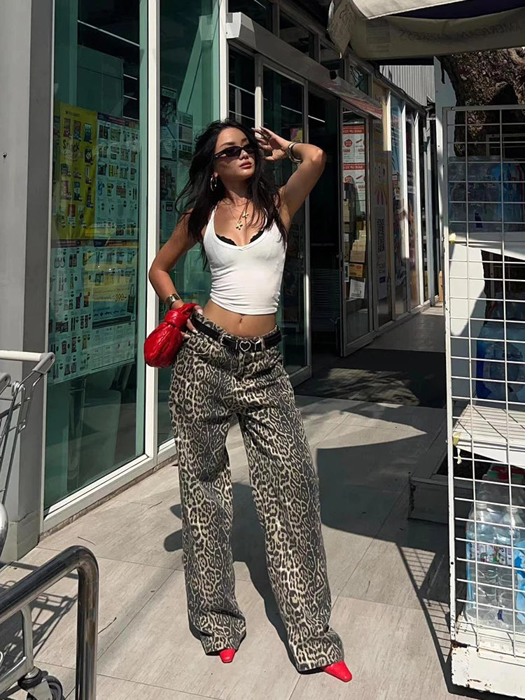 Women's High Waist Leopard Print Baggy Jeans