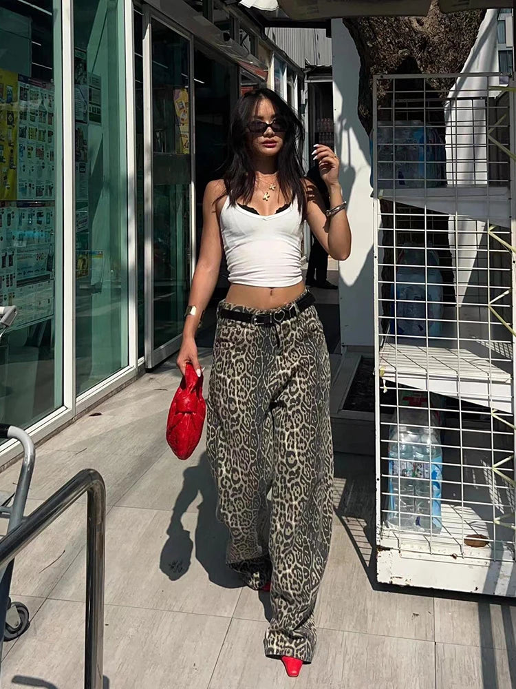 Women's High Waist Leopard Print Baggy Jeans