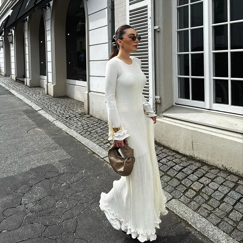 Women's Pleated Maxi Dress with Ruffle Sleeve