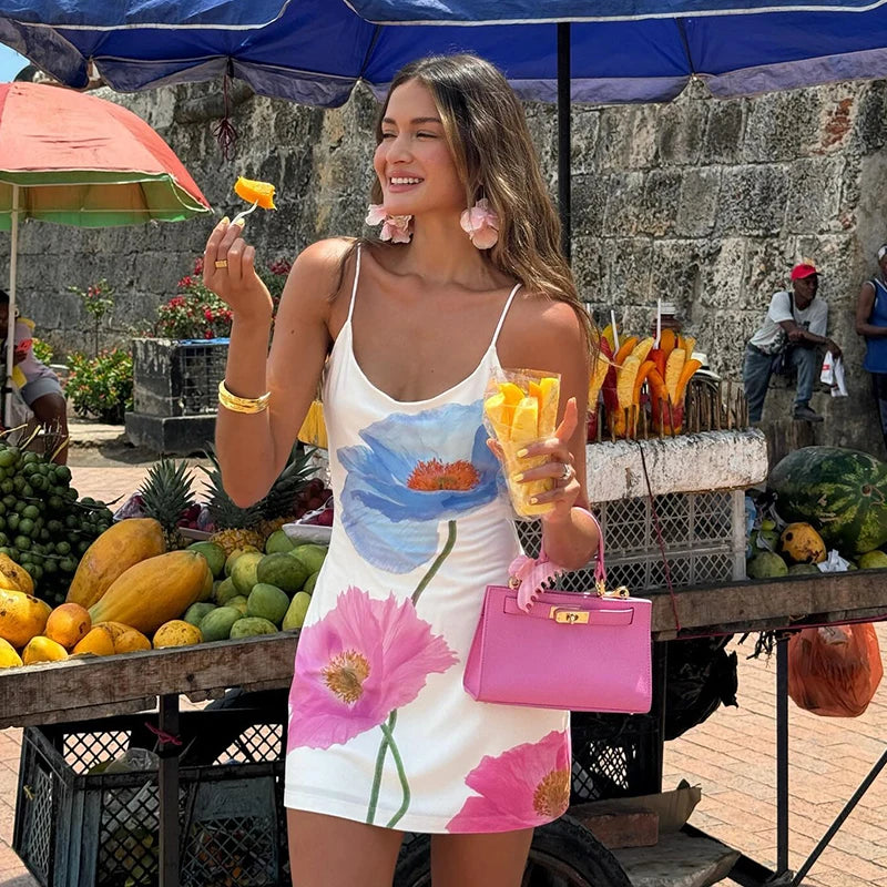 Women's Floral Print Mini Dress with Spaghetti Straps