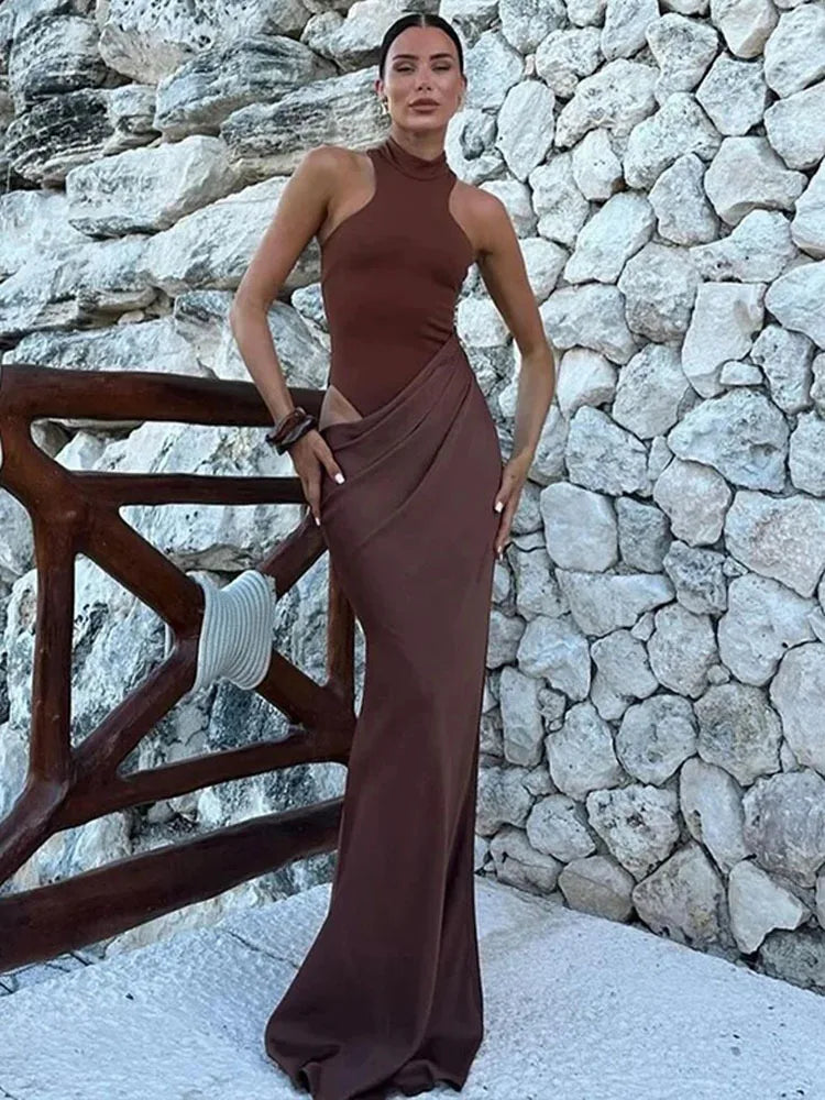 Women's Sleeveless Hollow-Out High Waist Satin Maxi Dress