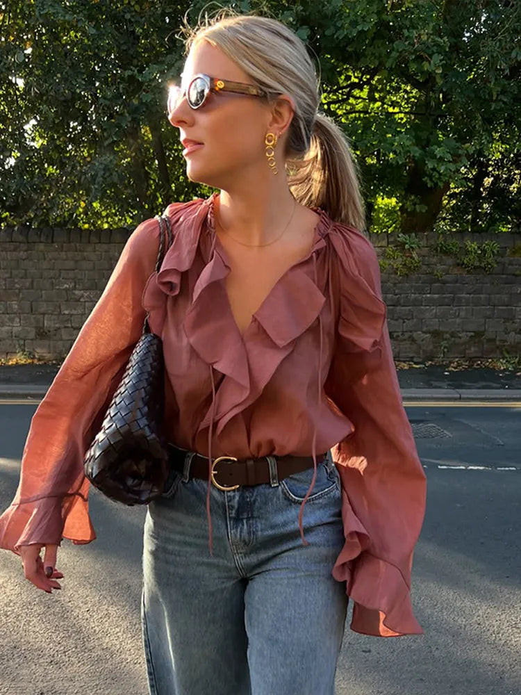 Women's Ruffled V-Neck Blouse