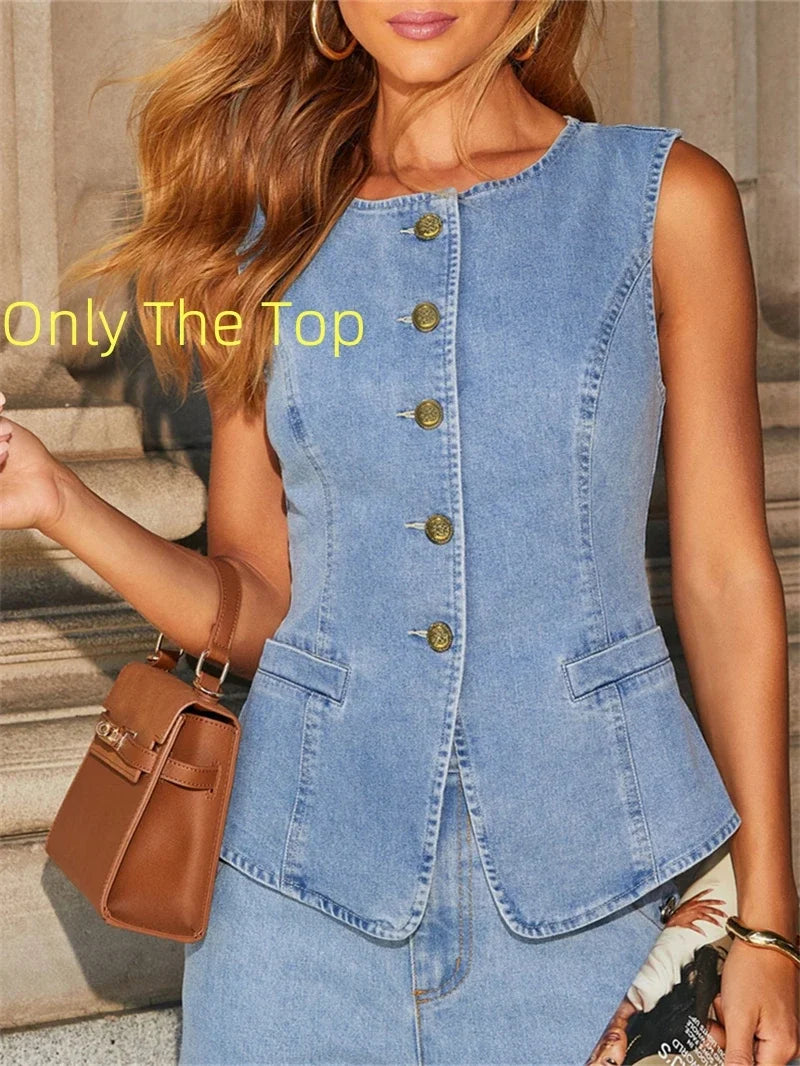 Women's Denim Two-Piece Set with Buttons