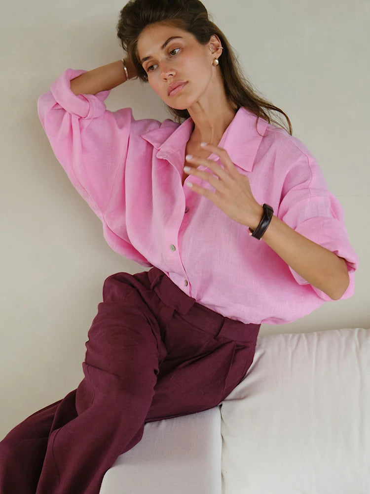 Women's Oversized Long Sleeve Button-Up Linen Shirt