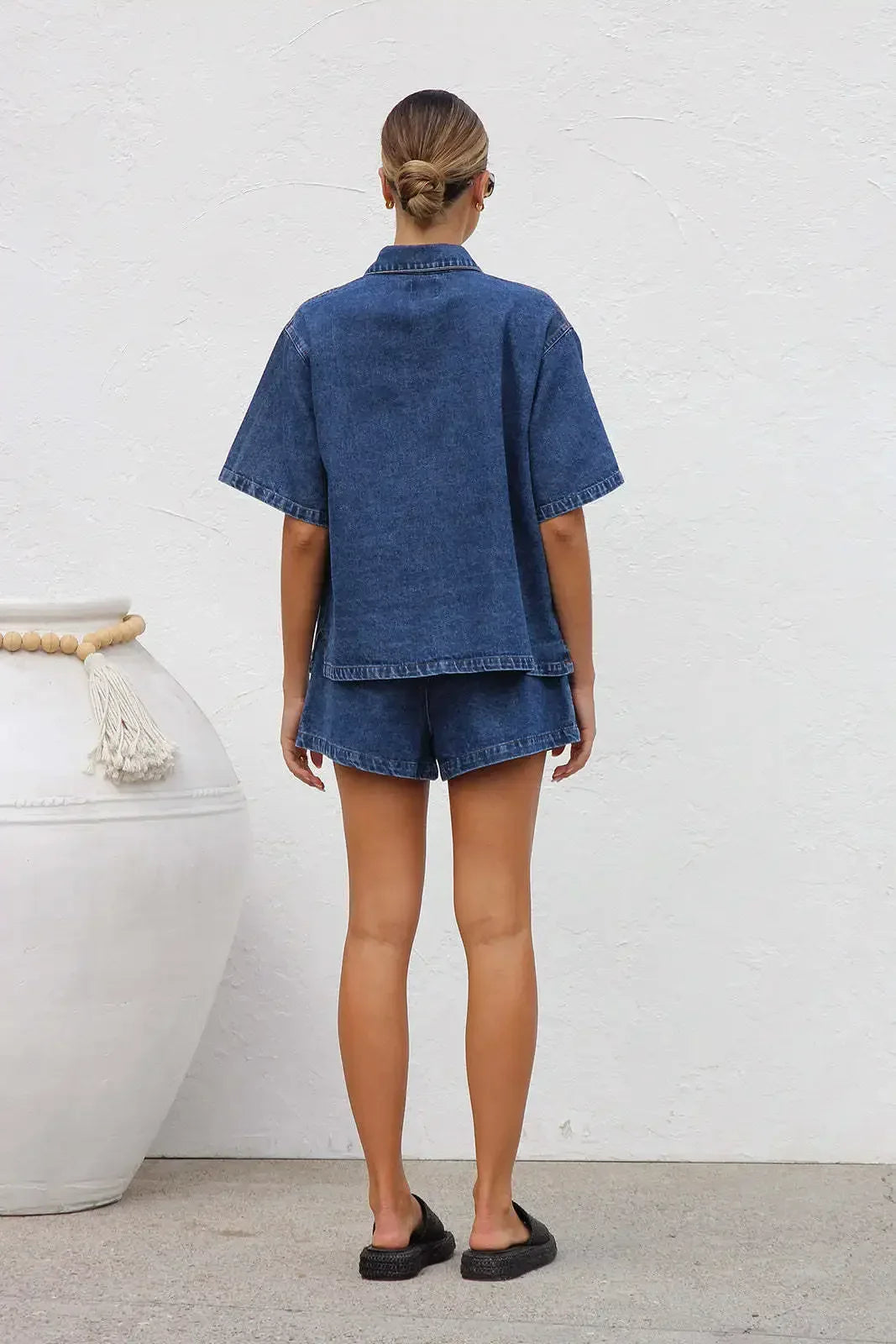 Women's Denim Two-Piece Set with Short Sleeve Shirt Jacket & High-Waist Shorts