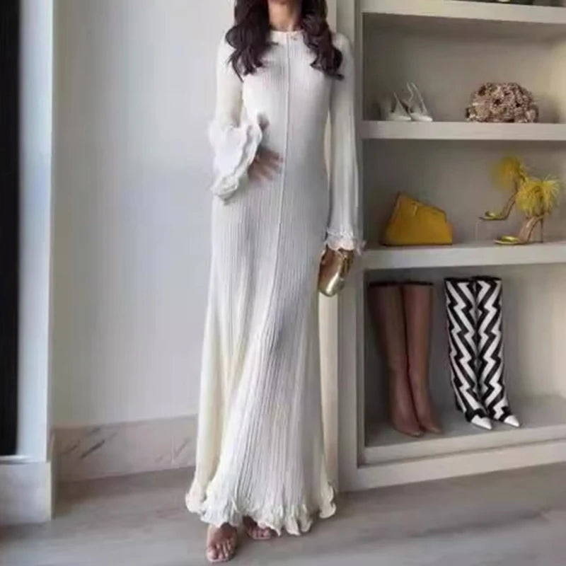 Women's Pleated Maxi Dress with Ruffle Sleeve