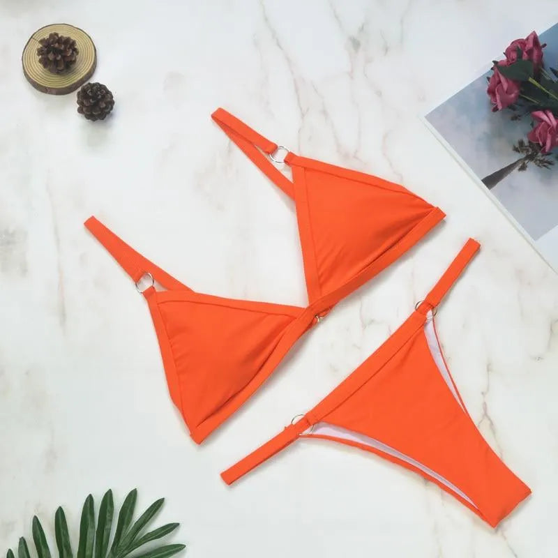 Women's Bikini Set with Metal Ring Details and Open Back Design