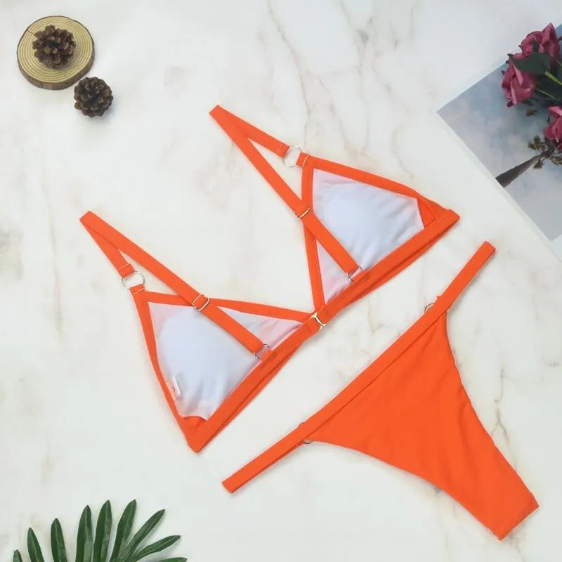 Women's Bikini Set with Metal Ring Details and Open Back Design