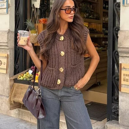 Women's Sleeveless Knit Vest with Gold Buttons