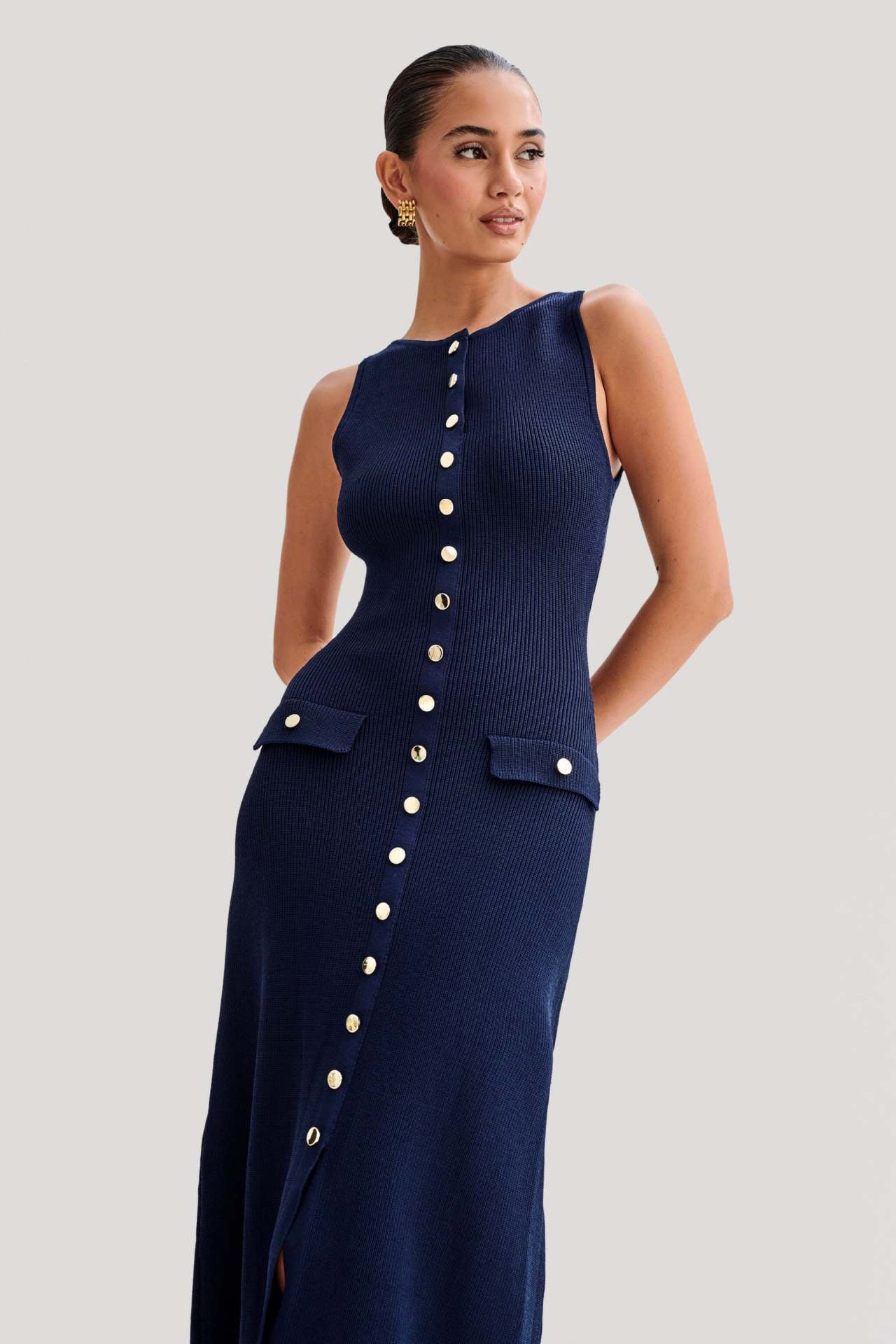 Women's Elegant Knit Midi Dress with Gold Buttons