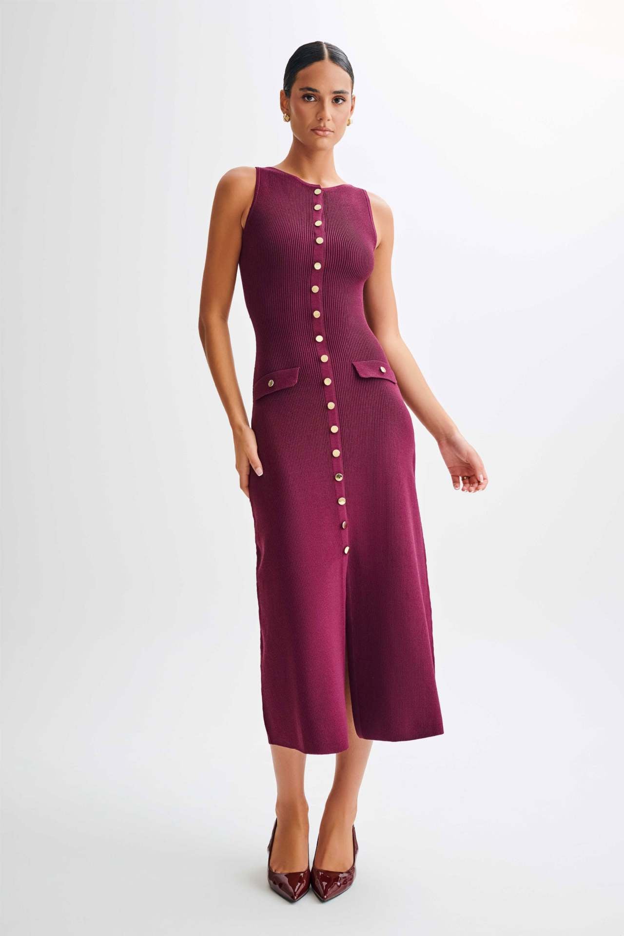 Women's Elegant Knit Midi Dress with Gold Buttons