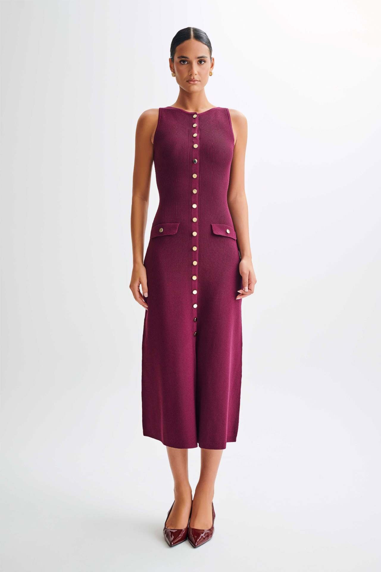 Women's Elegant Knit Midi Dress with Gold Buttons