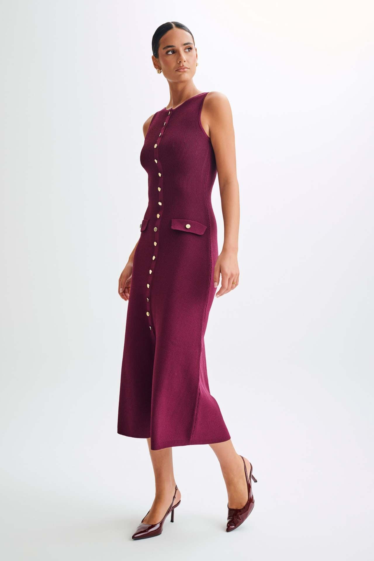 Women's Elegant Knit Midi Dress with Gold Buttons