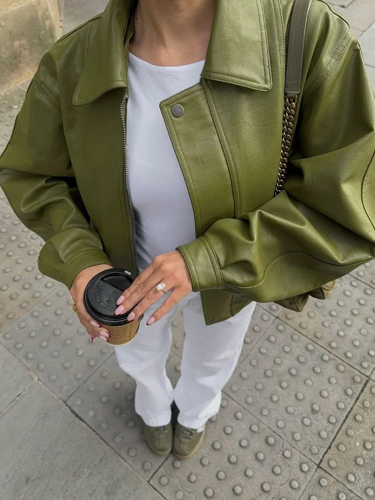 Women's Oversized Faux Leather Jacket with Zip Front & Flap Pockets