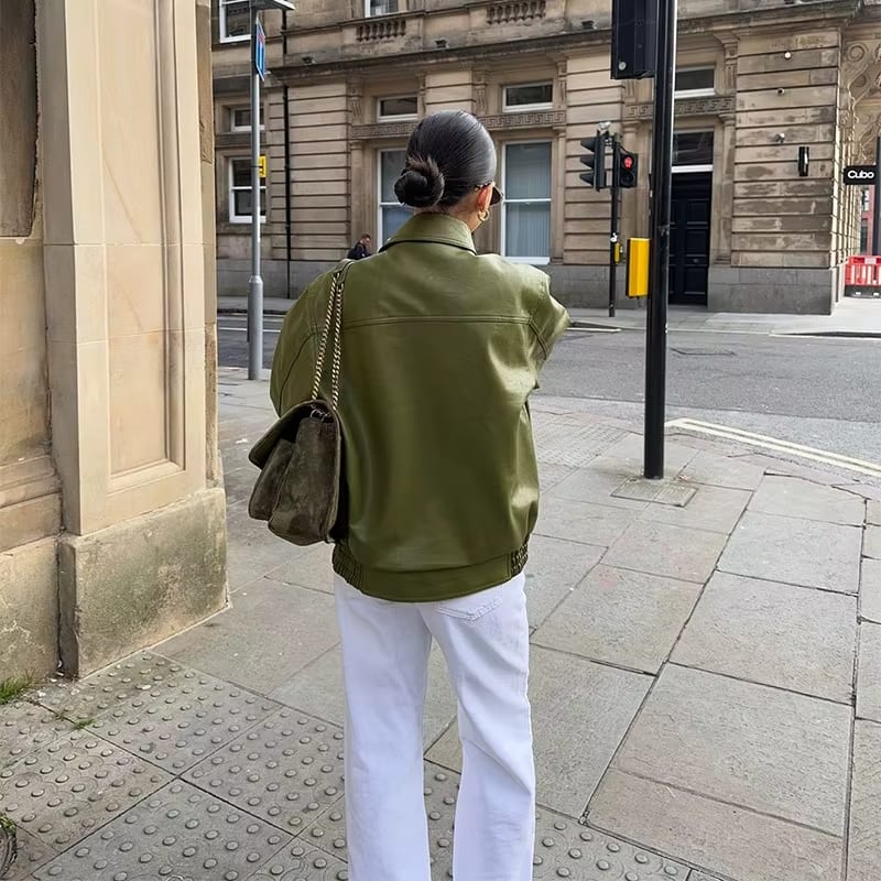 Women's Oversized Faux Leather Jacket with Zip Front & Flap Pockets