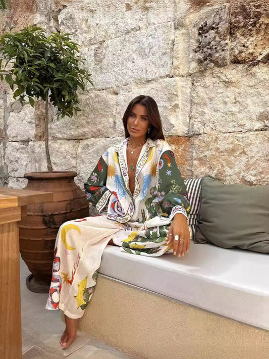 Women's Two-Piece Set with Floral Wide-Leg Pants and Lightweight Long Sleeve Blouse