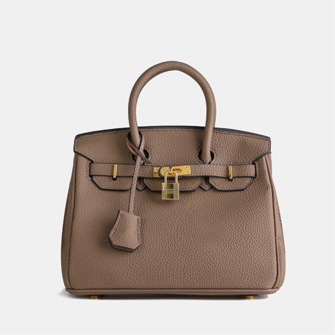 Elegant Faux Leather Handbag with Gold Lock & Adjustable Strap