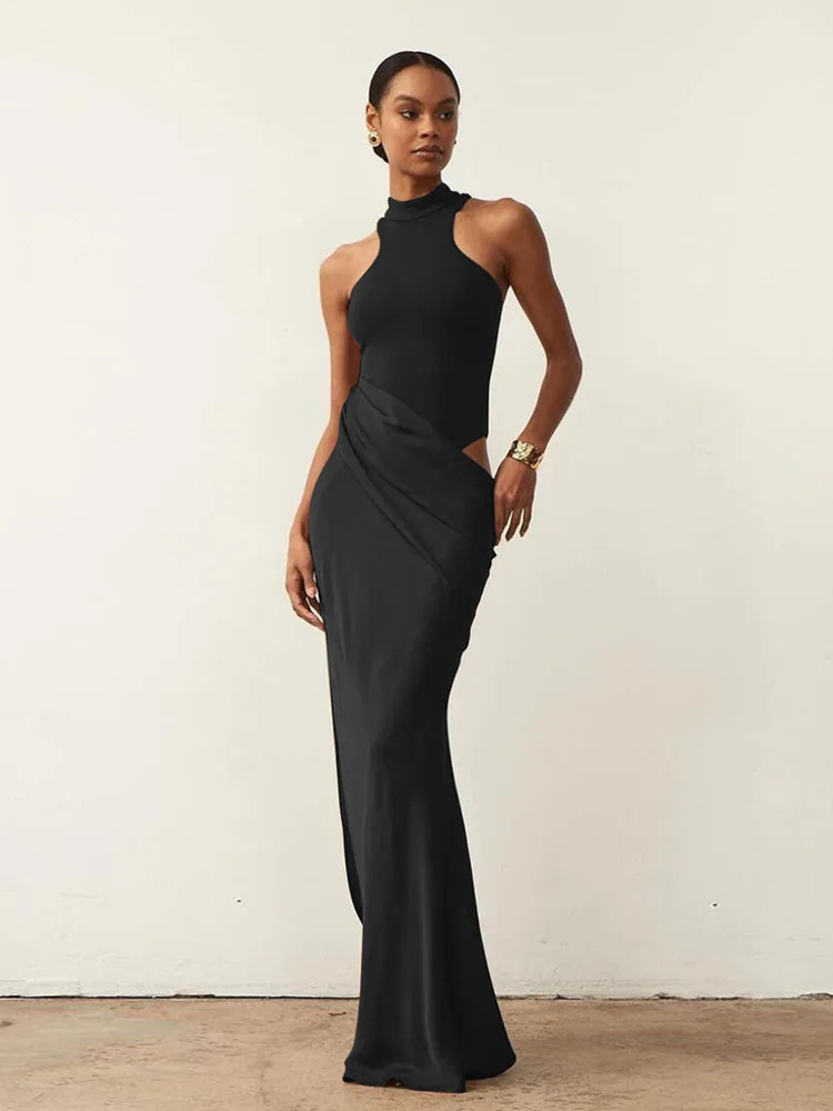 Women's Sleeveless Hollow-Out High Waist Satin Maxi Dress