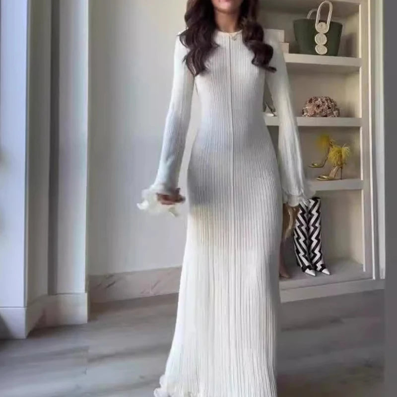 Women's Pleated Maxi Dress with Ruffle Sleeve