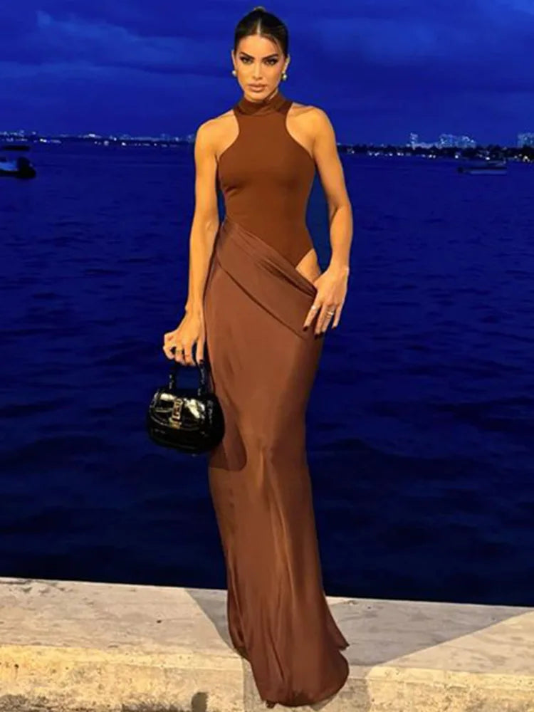 Women's Sleeveless Hollow-Out High Waist Satin Maxi Dress