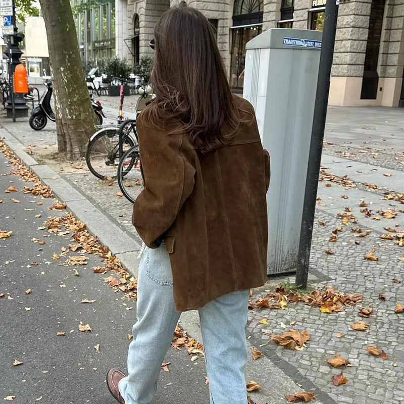 Women's Suede Office Blazer with Button Closure