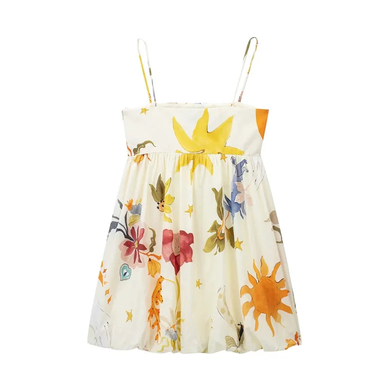 Women's Printed Bubble Mini Dress with Spaghetti Straps