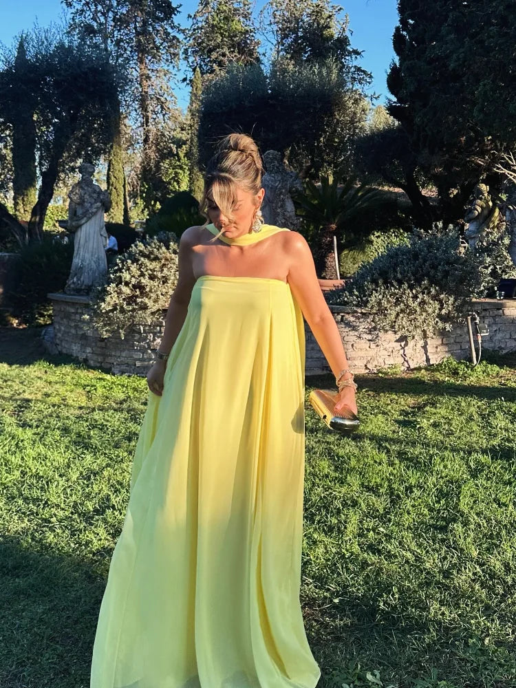 Women's Strapless Maxi Dress with Elegant Scarf Neck