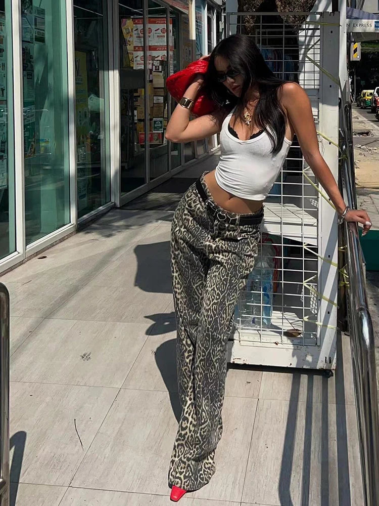 Women's High Waist Leopard Print Baggy Jeans