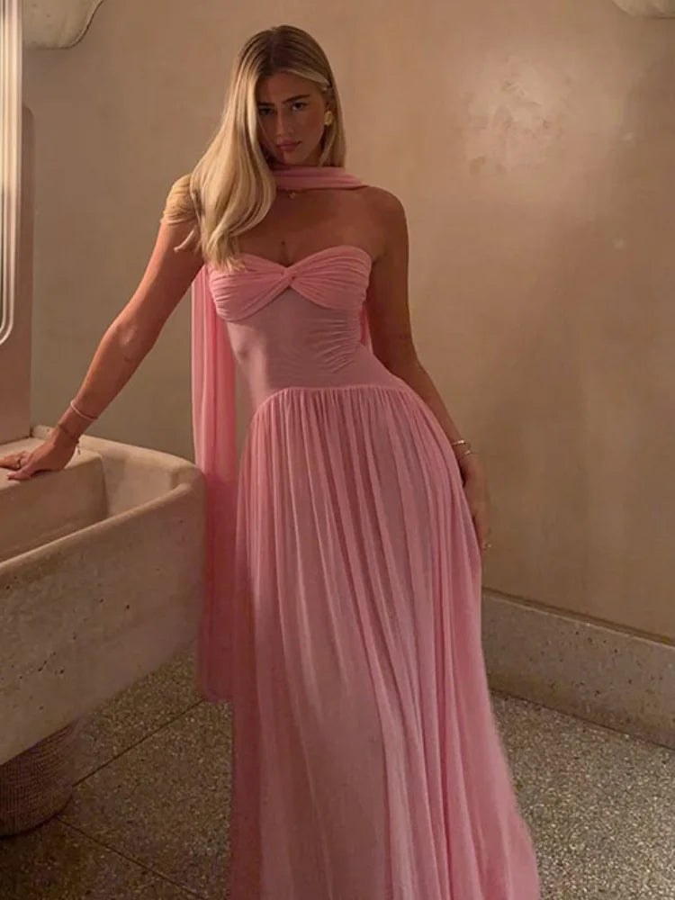 Women's Strapless Maxi Dress with Elegant Scarf Neck