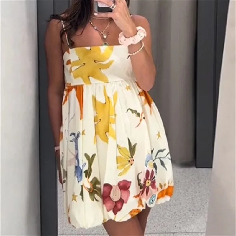 Women's Printed Bubble Mini Dress with Spaghetti Straps
