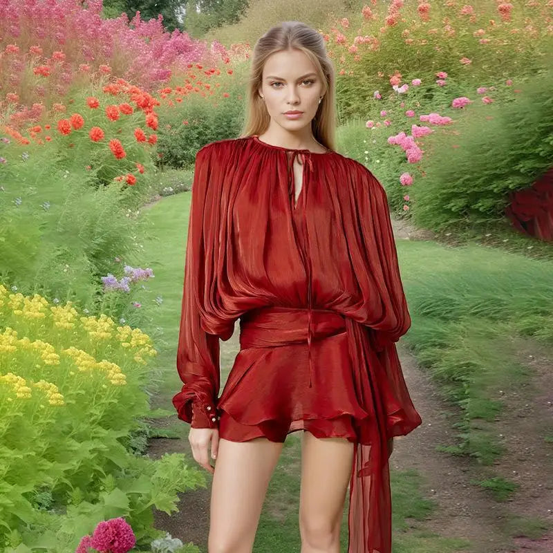 Women's Elegant Pleated Mini Dress with Long Mesh Sleeves