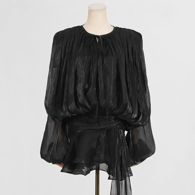 Women's Elegant Pleated Mini Dress with Long Mesh Sleeves