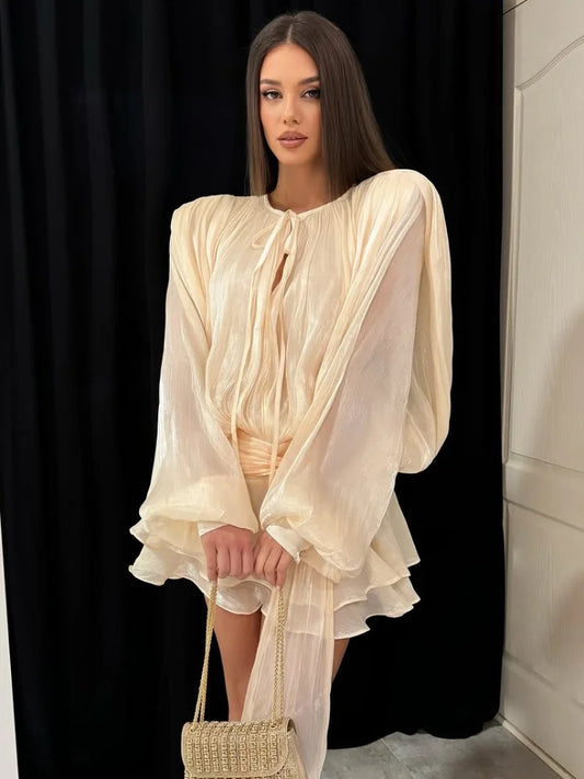 Women's Elegant Pleated Mini Dress with Long Mesh Sleeves