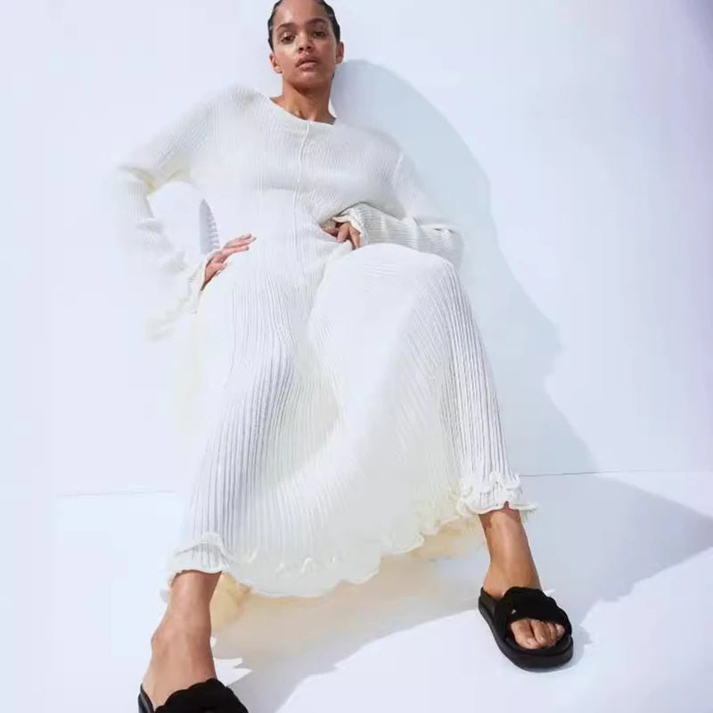 Women's Pleated Maxi Dress with Ruffle Sleeve