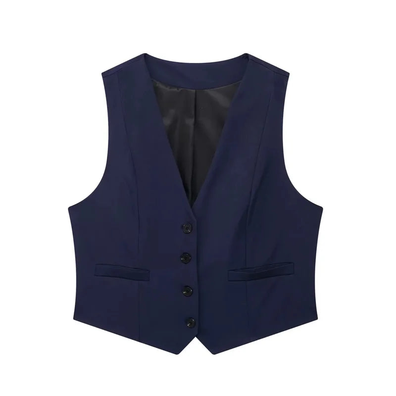 Women's Cropped Button-Up Vest with V-Neck