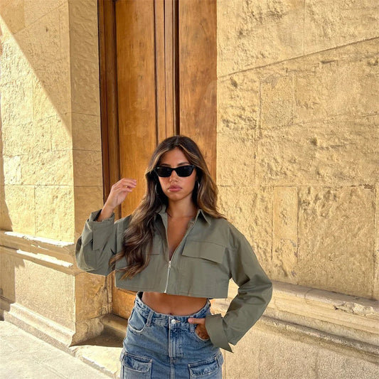 Women's Cropped Utility Lightweight Zip-Up Shirt