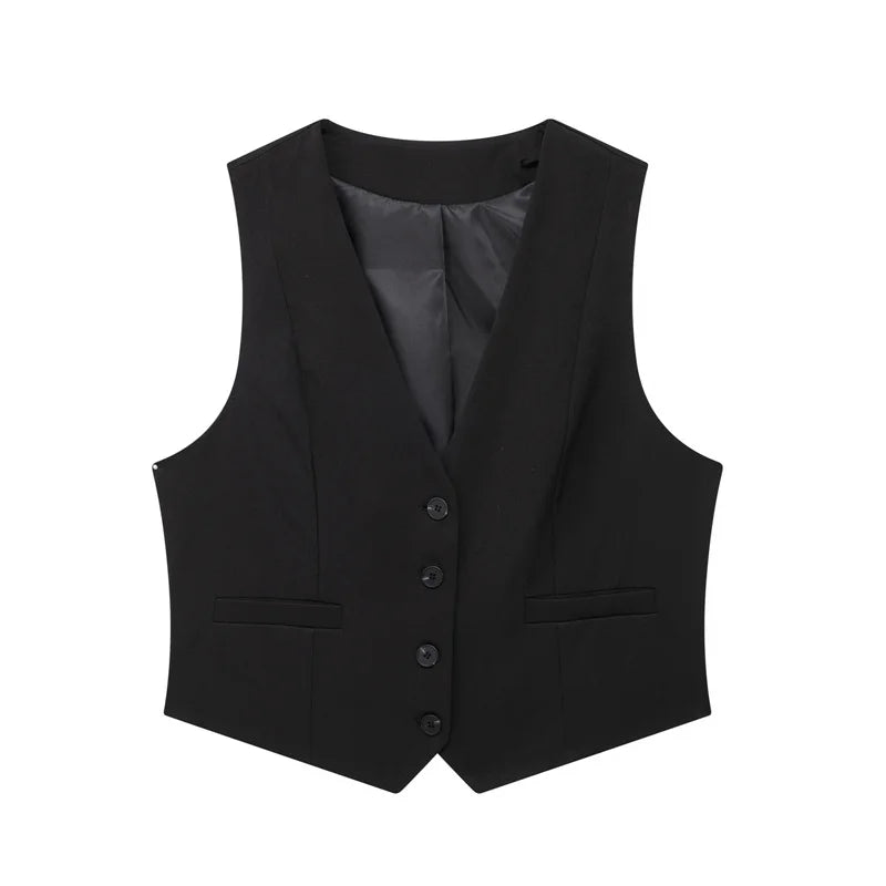 Women's Cropped Button-Up Vest with V-Neck