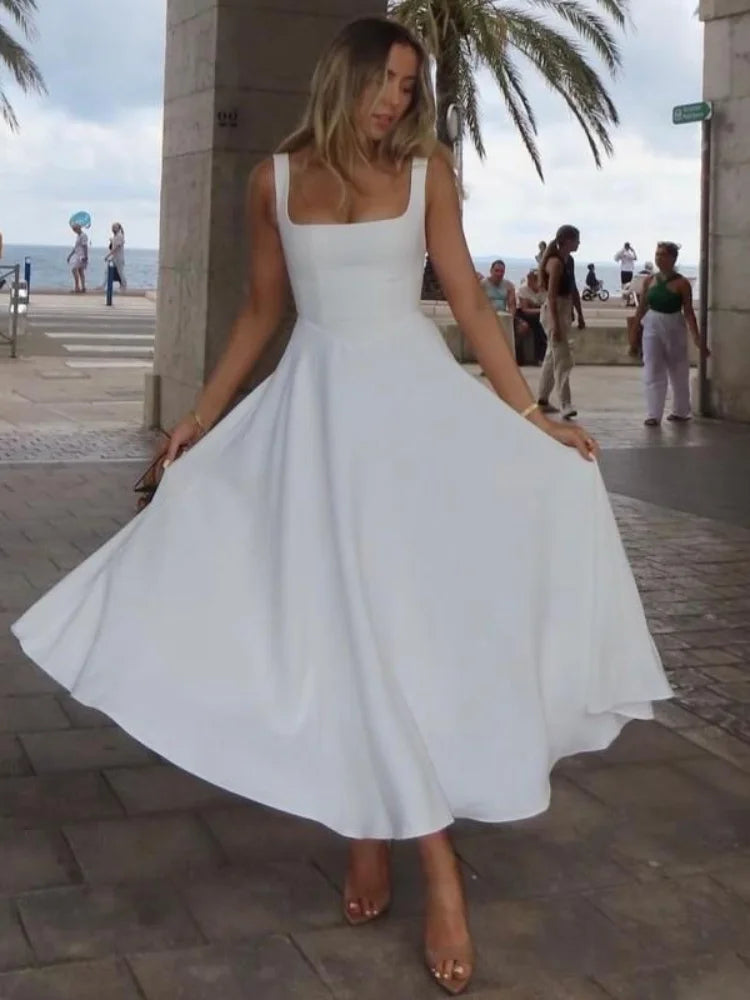 Women's White High-Waisted A-Line Dress