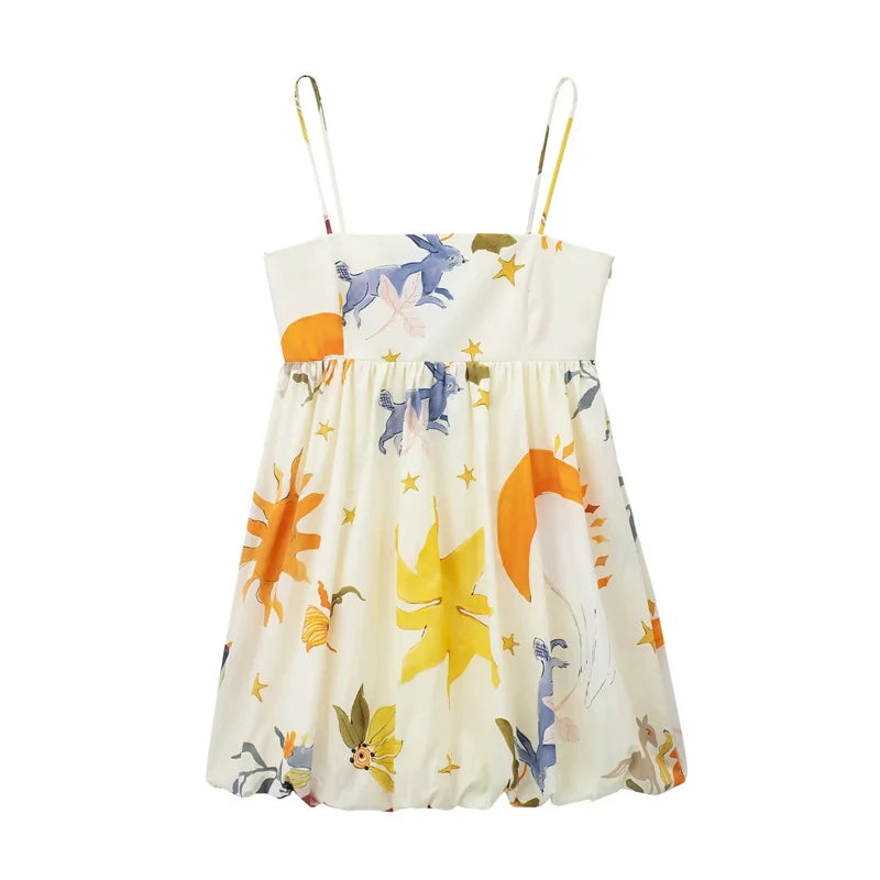 Women's Printed Bubble Mini Dress with Spaghetti Straps