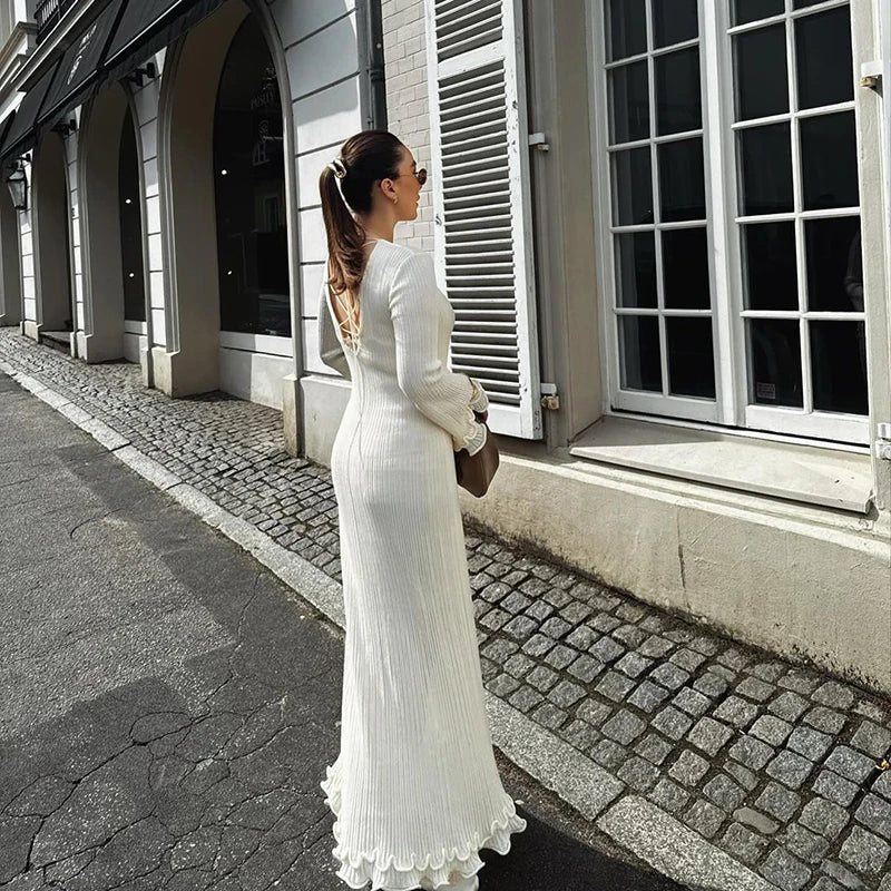 Women's Pleated Maxi Dress with Ruffle Sleeve