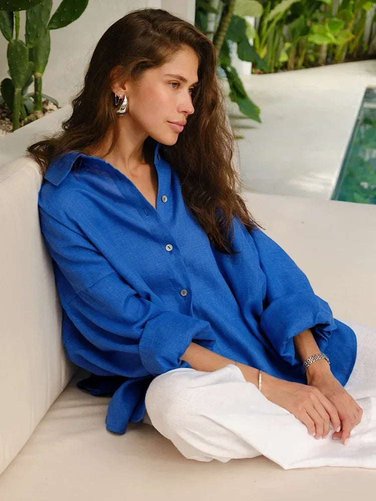 Women's Oversized Long Sleeve Button-Up Linen Shirt