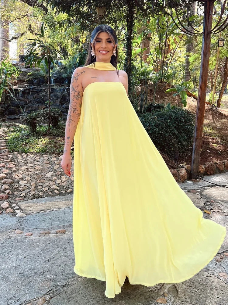 Women's Strapless Maxi Dress with Elegant Scarf Neck