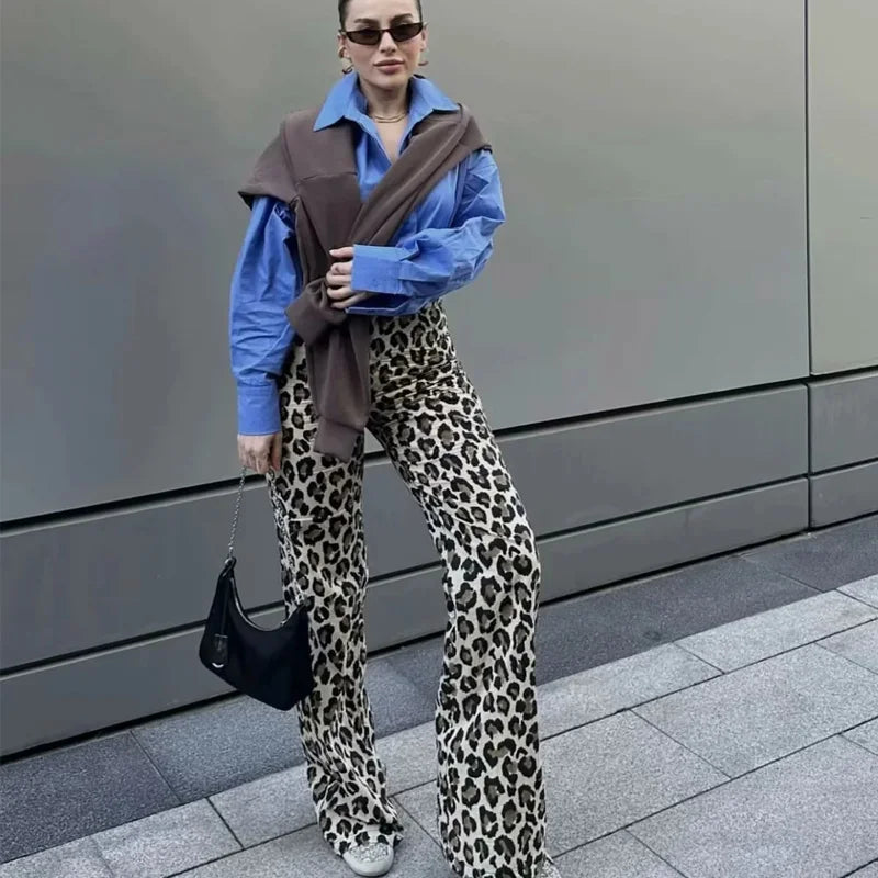 Women's High-Waist Leopard Print Wide-Leg Pants