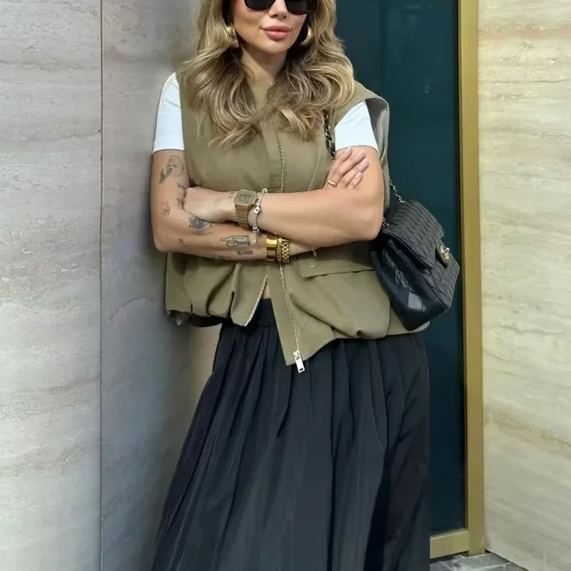 Women's Sleeveless Pleated Vest Jacket