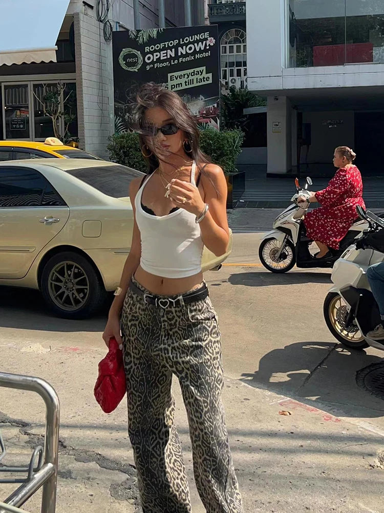 Women's High Waist Leopard Print Baggy Jeans