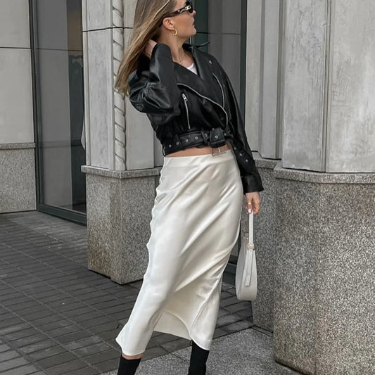 Women's Satin High-Waist Midi Skirt