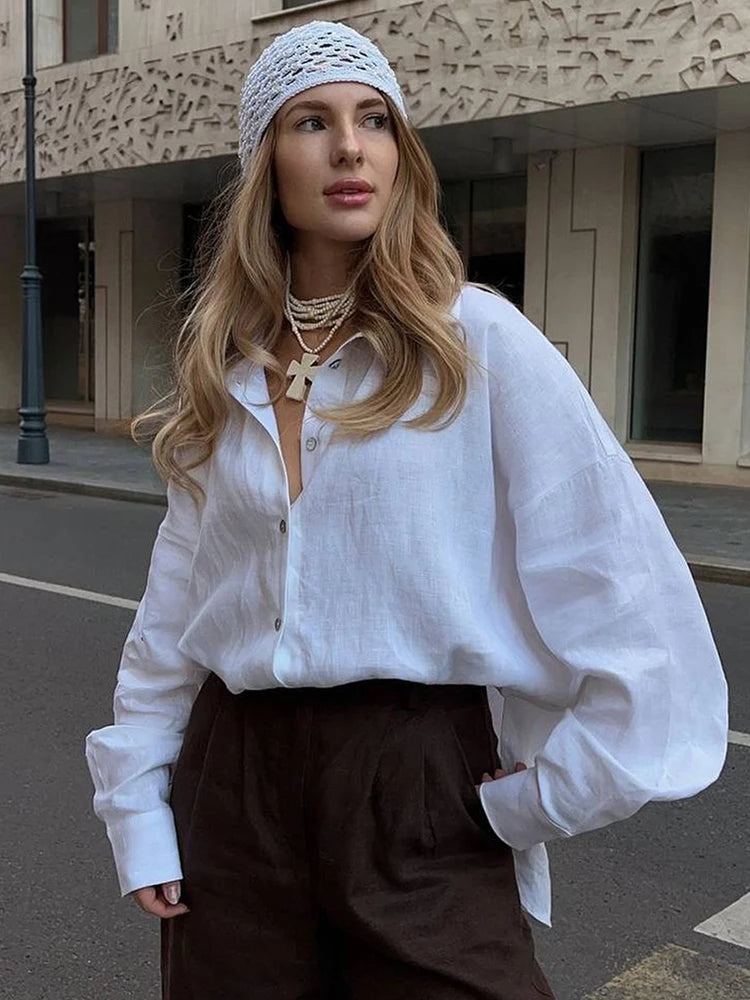 Women's Oversized Long Sleeve Button-Up Linen Shirt