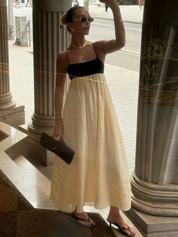 Women's Two-Tone Spaghetti Strap Sleeveless High Waist Maxi Dress